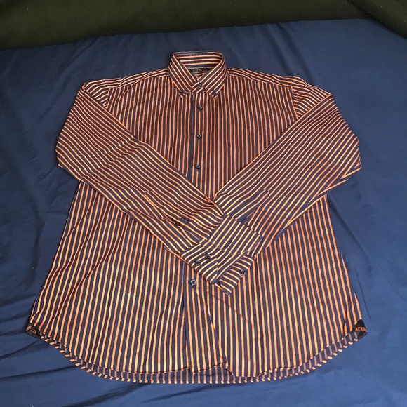Men’s Orange/Navy Blue Italian Cotton Dress Shirt Long Sleeve - Picture 3 of 13